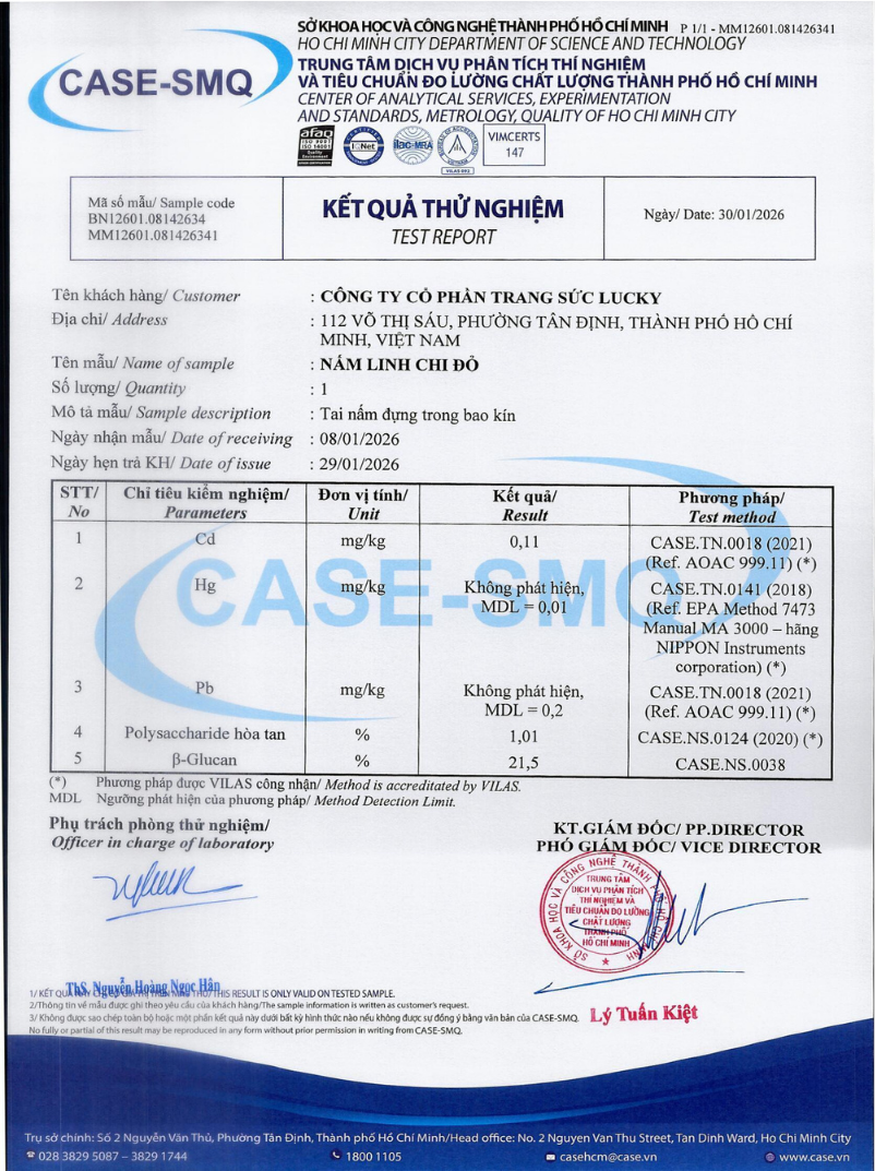 Kết quả kiểm nghiệm chất lượng Nấm Linh Chi đỏ LuckyLifeCare